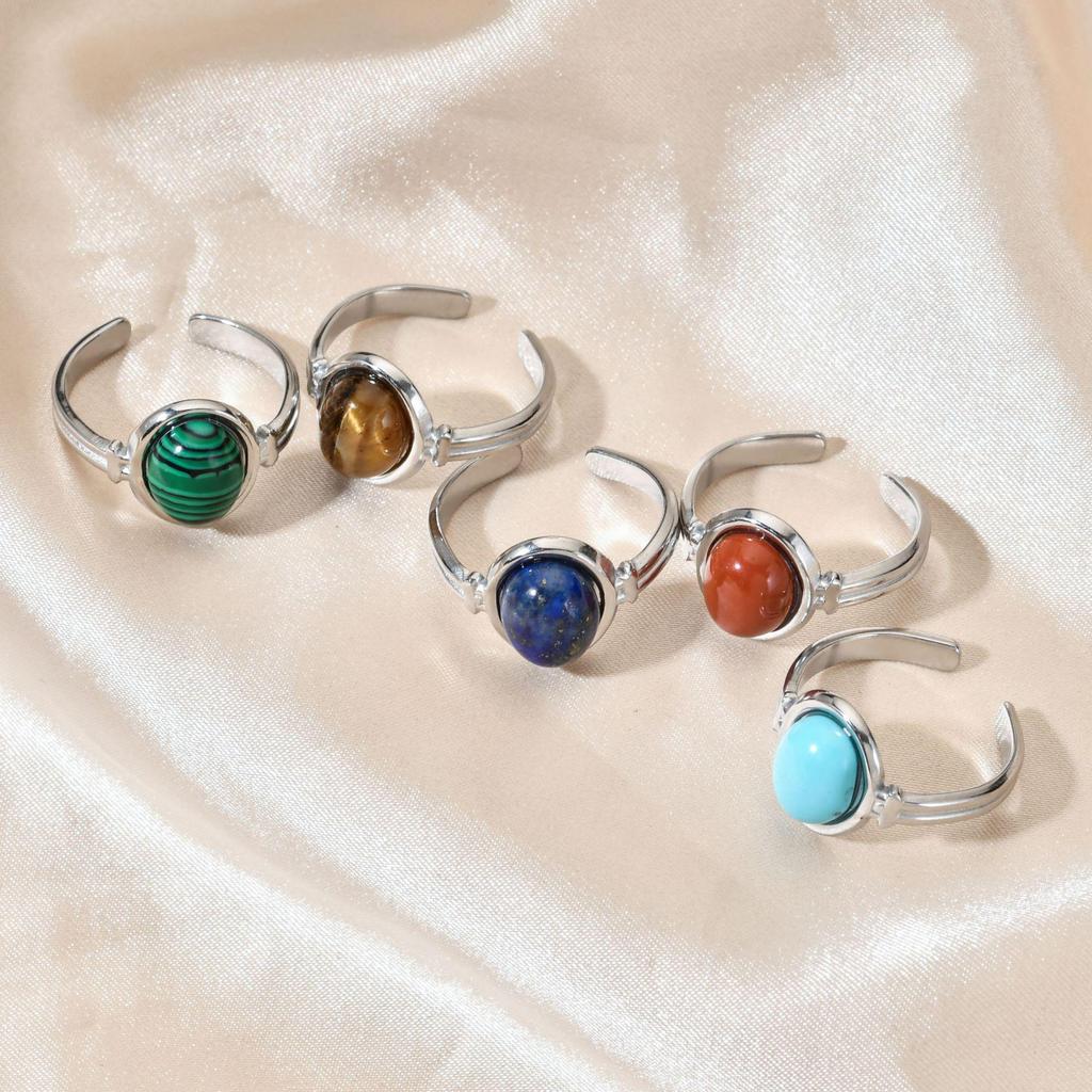 Bague ouverte ovale en pierre semi-précieuse – Bague tendance en acier titane résistant à la lumière pour femme