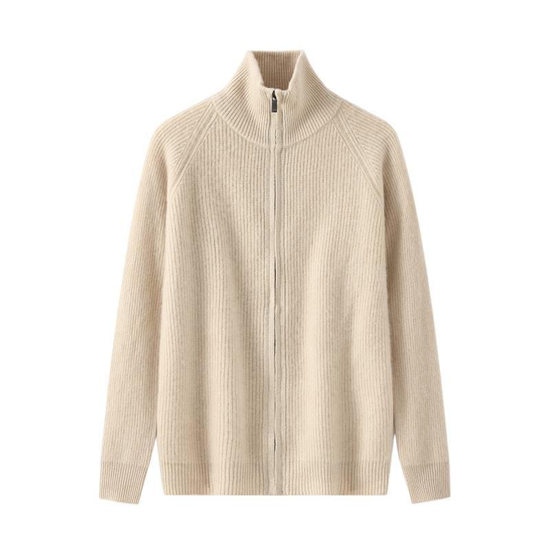 Herren-Cardigan-Pullover aus reiner Wolle mit hohem Kragen und Reißverschluss - Herbst/Winter Dick gestrickt, einfarbig