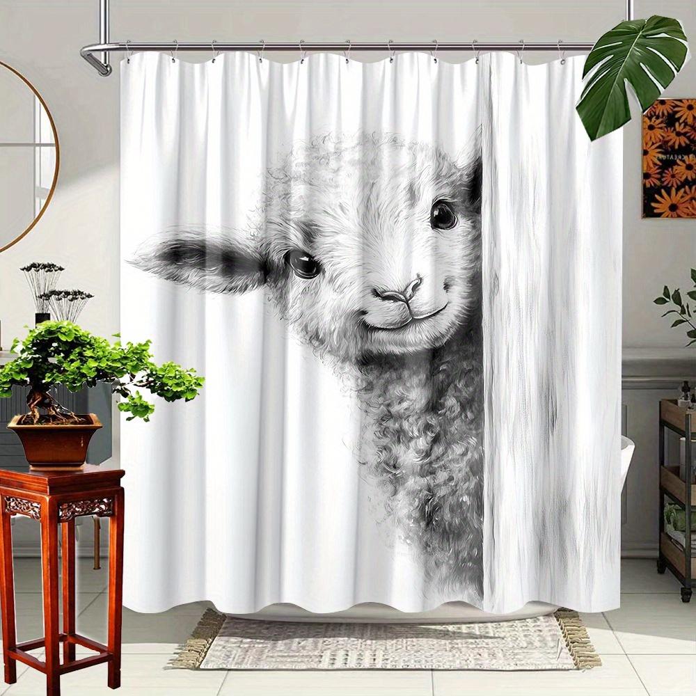 Adorable Lamb Shower Curtain - Cute Fluffy Sheep Peeking, Monochrome Style, Washable Polyester, Bathroom Or Garden Decor