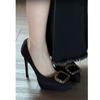 Autumn Spice Girl Black Pointed Thin Heel High Heel Waterproof Table Temperament Women's Single Shoes Suede Small Square Buckle