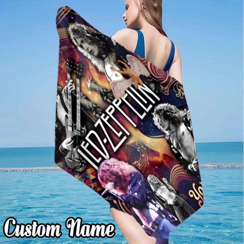 Custom Name Zeppe-lin Music Beach Towel - Soft, Ultra-Absorbent Microfiber, Lightweight, Perfect for Beach, Parties, Travel, Camping