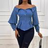 European and American Women clothes Off-shoulder blouse Top Waist Hugging Slimming Sexy Puff sleeve Long sleeve