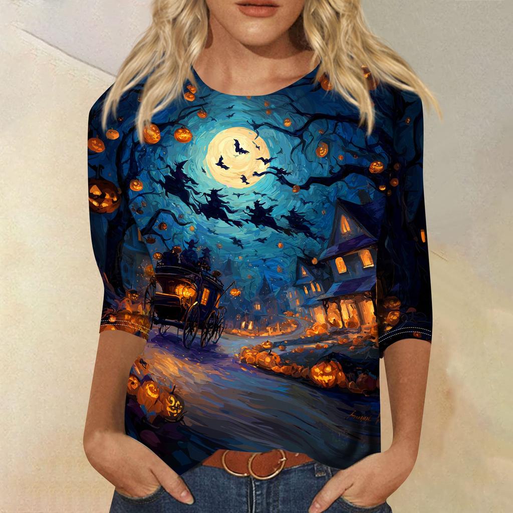 Women's Halloween Print Shirt Three Quarter Sleeve Round Neck Loose Casual Blouse T Shirt Suitable for Seasonal Wear and Everyday Use