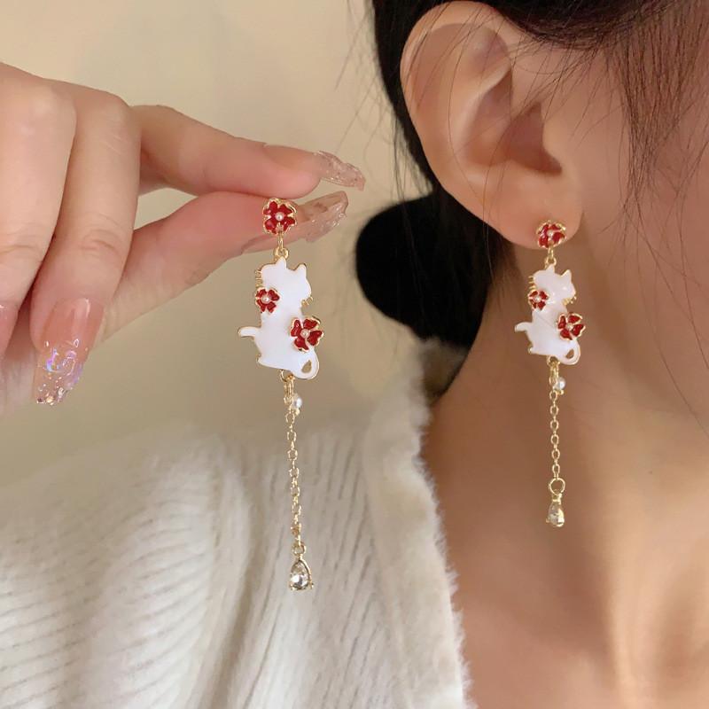 New Lovely Chinese Style Small Cat Folding Fan Flower Pear Pendant Asymmetry Earrings For Women Girls Charm Earring Jewelry Gift