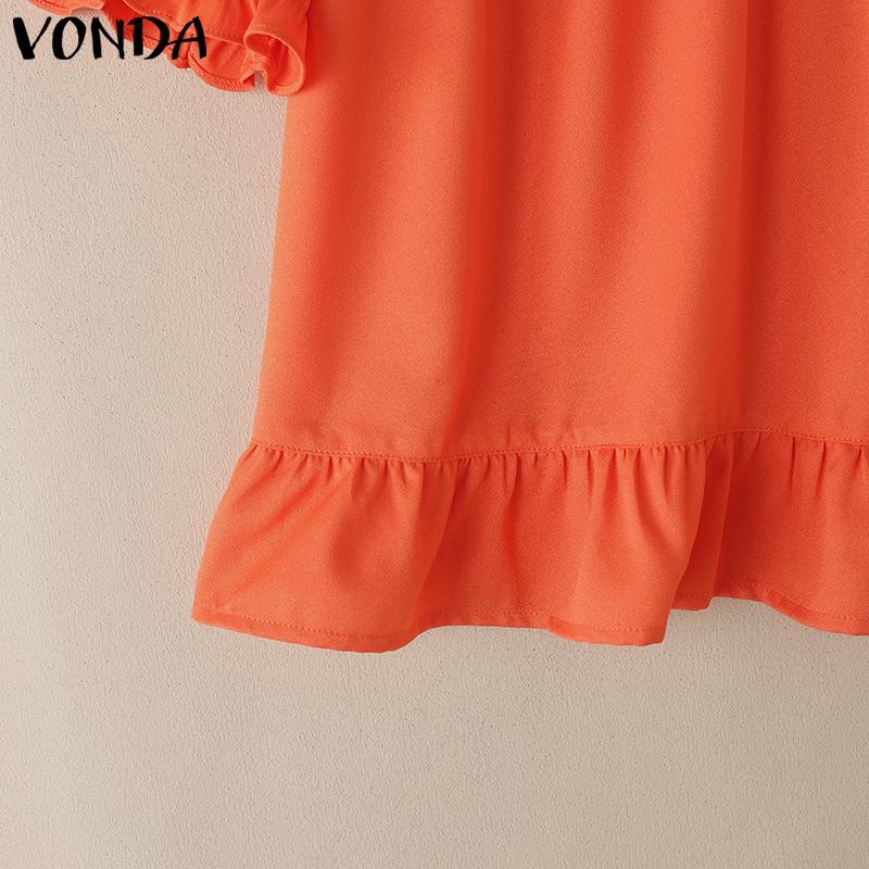 VONDA Women Lapel Neck Blouse Short Sleeve Ruffled Casual Summer Tops