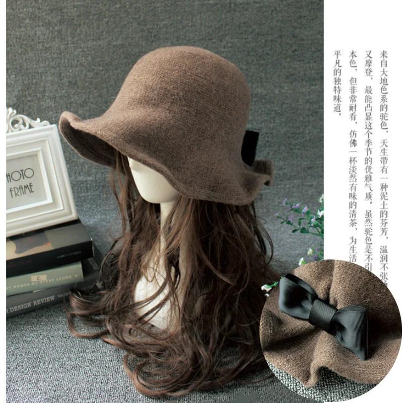 Vintage Wool Bucket Hats Ladies Bowler  Fashion Bows Basin Hat Fisherman  Woman Winter Black Coffee Dark Camel Hat