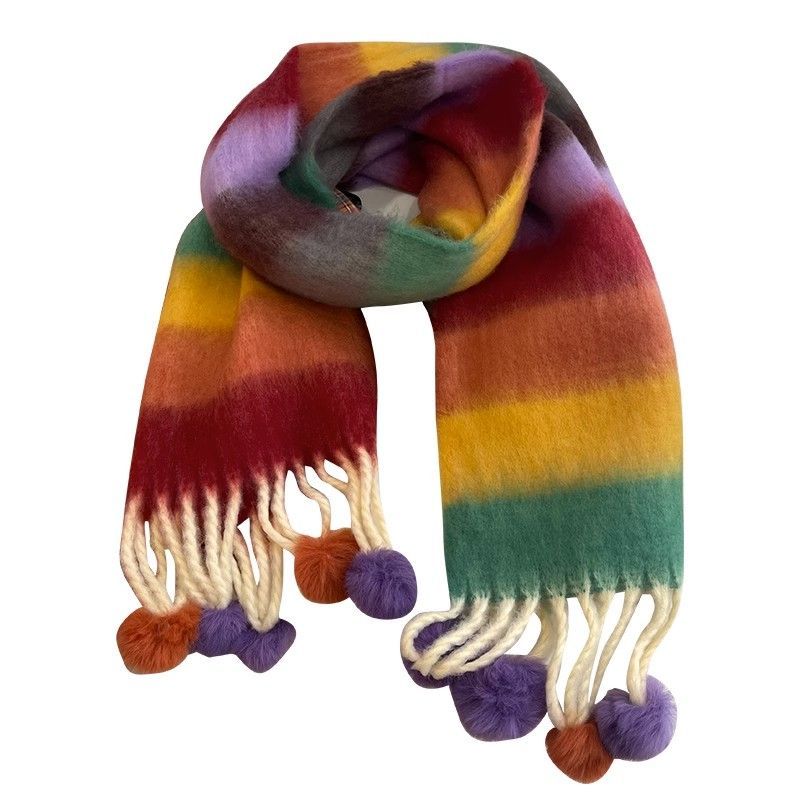 Vinter Dopamin Regnbågsrandig Tjock Varm Borstad Frans Pälsboll Scarf