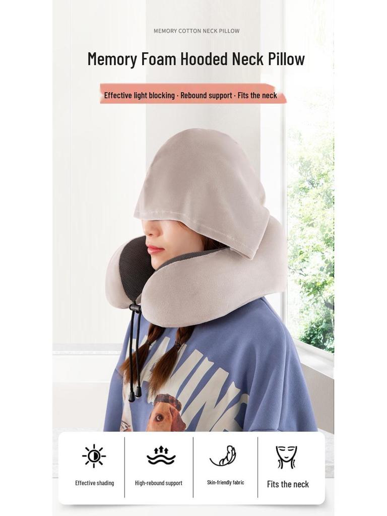 Memory Foam U-Shaped Neck Pillow with Hood - Portable Travel Pillow for Airplane and Outdoor Use