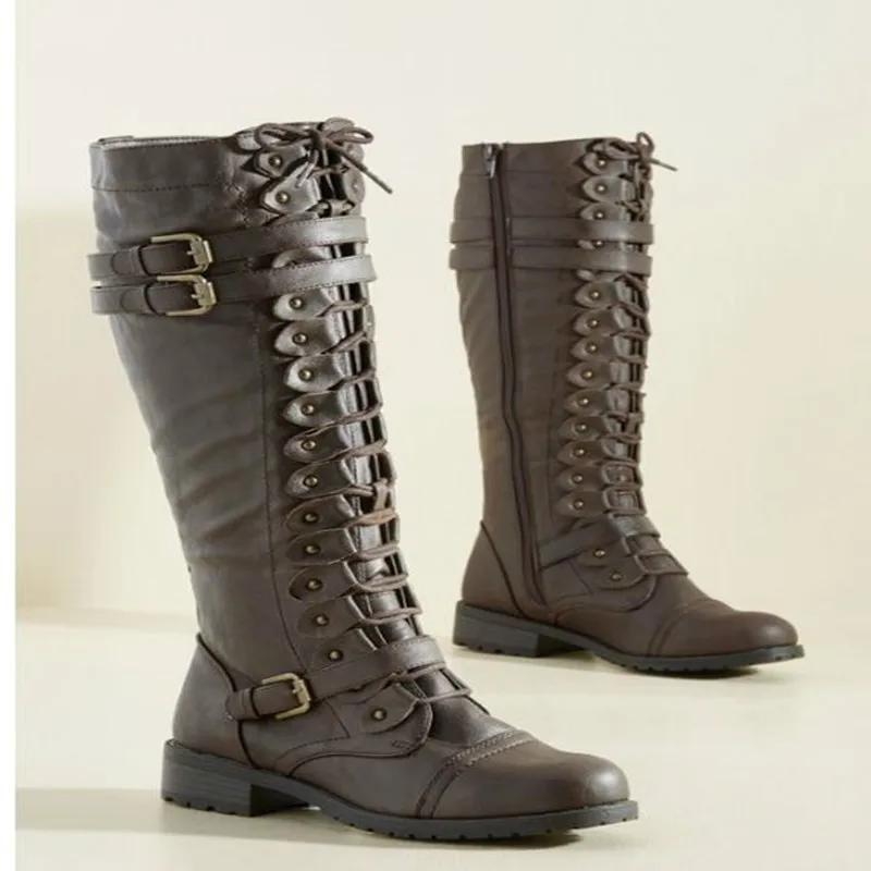 Fashion Women Knee High Boots Autumn Winter Lace Up Flat Shoes Sexy Steampunk PU Retro Buckle Women Shoes Ladies Snow Boots Yui8