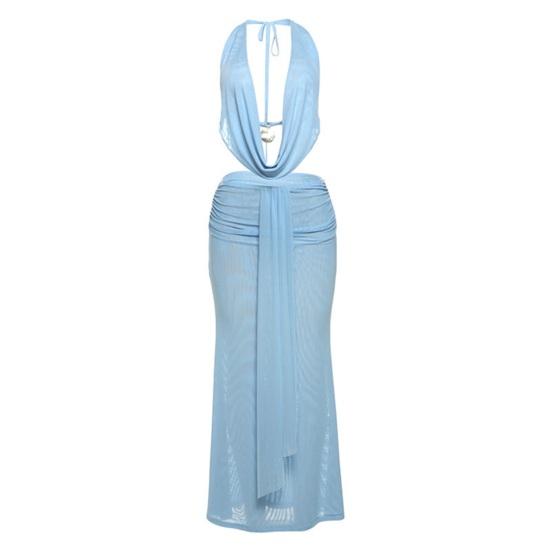 

Women Mesh Two Piece Skirt Set Sexy Cowl Neck Halter Crop Top Wrap Bodycon Maxi Skirt Set Summer Party Club Outfits S синій
