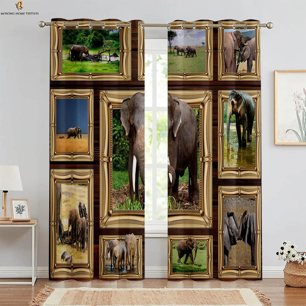 Set Of 2 European Retro Elephant Pattern Printed Curtains Polyester Bedroom Living Room Kitchen Curtain Machine Washable Ideal For Great