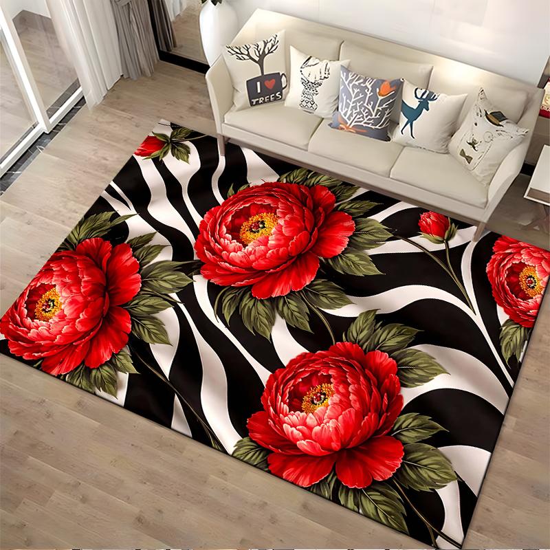 Red Peony Flower Carpet with Black and White Abstract Stripes Pattern Suitable for use as an anti-slip for living room bedroom sofas