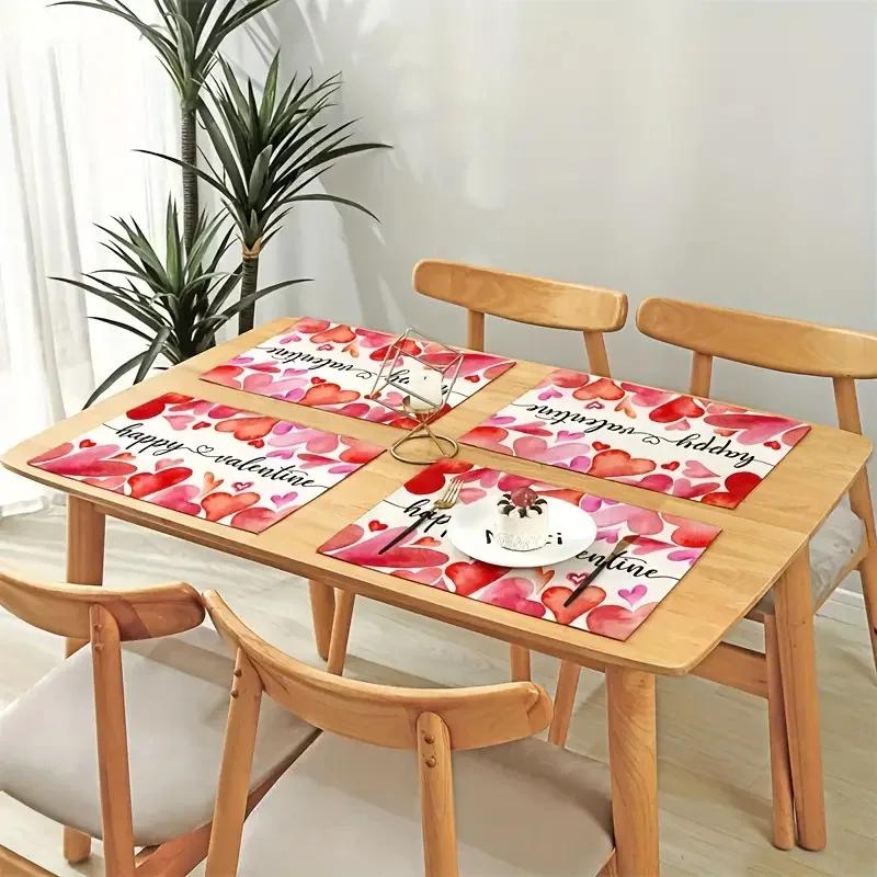 4pc Valentine's Day Placemat Pink Heart-shaped Dining Table Tea Table Decoration Anti Fouling and Heat-insulating Tablecloth