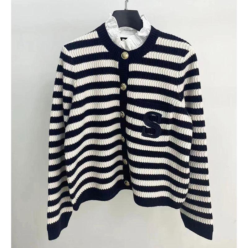 2023 Herbst/Winter Damen Gestreifte Strickjacke - Lotusblattkragen, Eleganter Wollpullover mit kleinem Duft