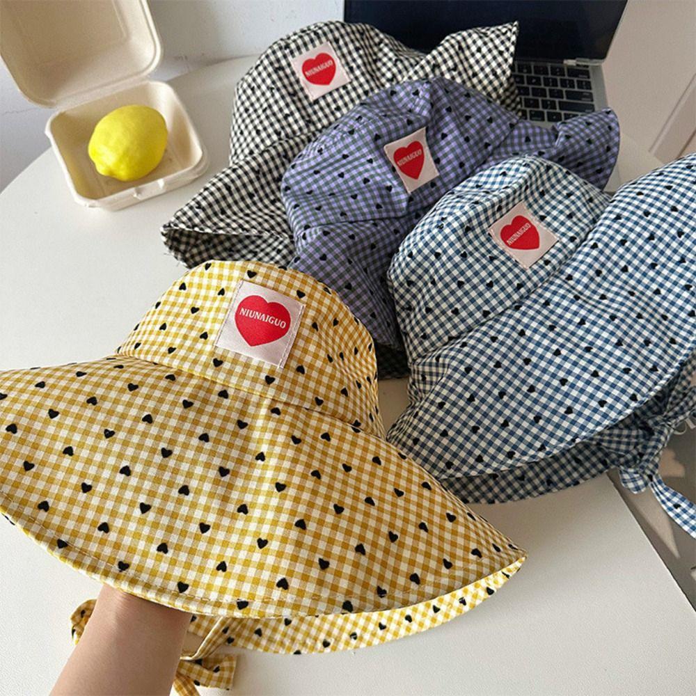 Sun Protection Hiking Fisherman Hat Small Lattice Heart Printed Bucket Hat Plaid Hiking Cap  Travel