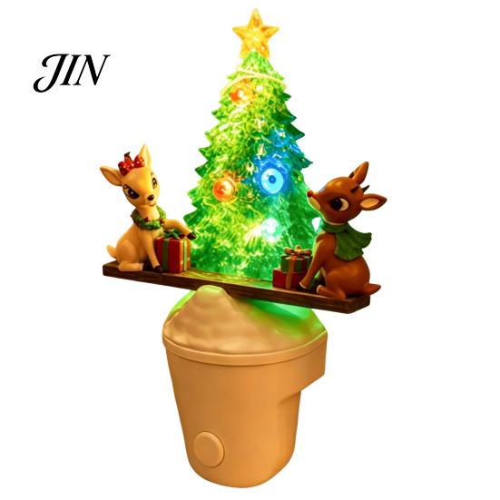 Kleiner Raum Nachtlicht Weihnachten Stecker-LED-Licht, Harz Leuchtender Baumlampe mit Kinder Rentierförmigem Wippen-Design, Wanddekor für Schlafzimmer Flur,