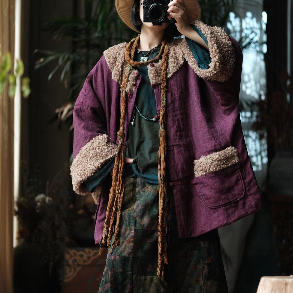 Johnature Women Plaid Khaki Vintage Button Long Sleeve Coats Winter Chinese Style Patchwork Blend Pockets Coats