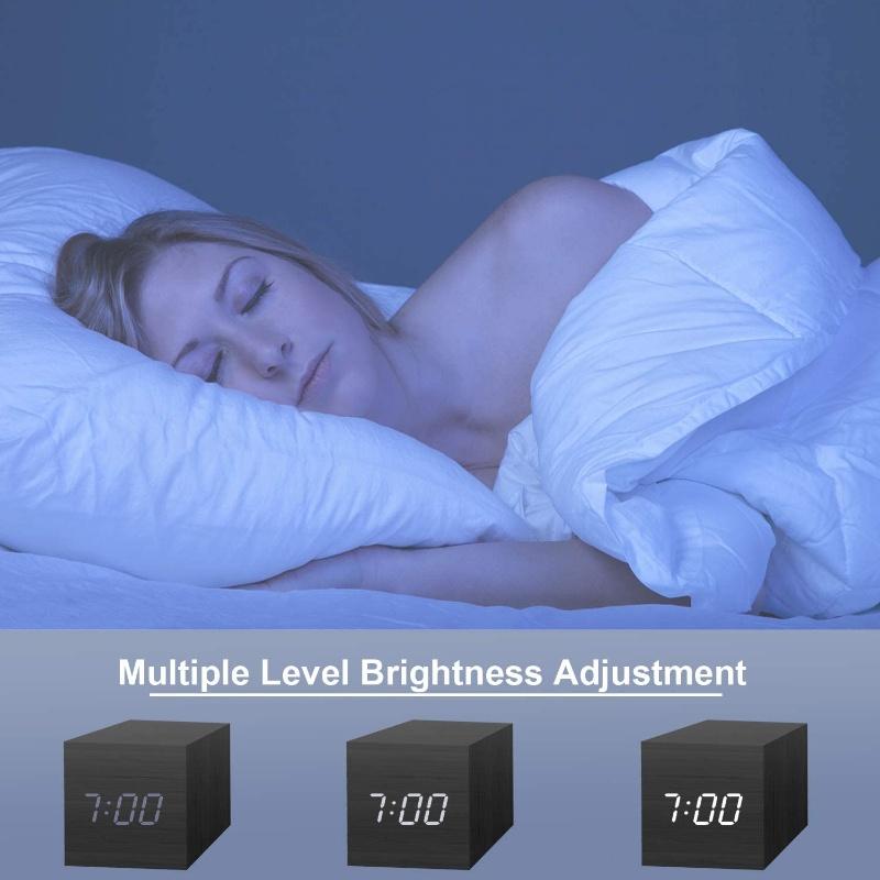 Voice Control Wooden Digital Alarm Clock TEMP Date 3 Alarms Desktop Electronic Table Clock 12/24H USB Powered LED Bedside Clock