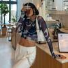 Mode Weibliche Crop Tops Mesh Sheer Print Rundhals Langarm T-Shirt Pullover Sexy Streetwear y2k Harajuku Tops