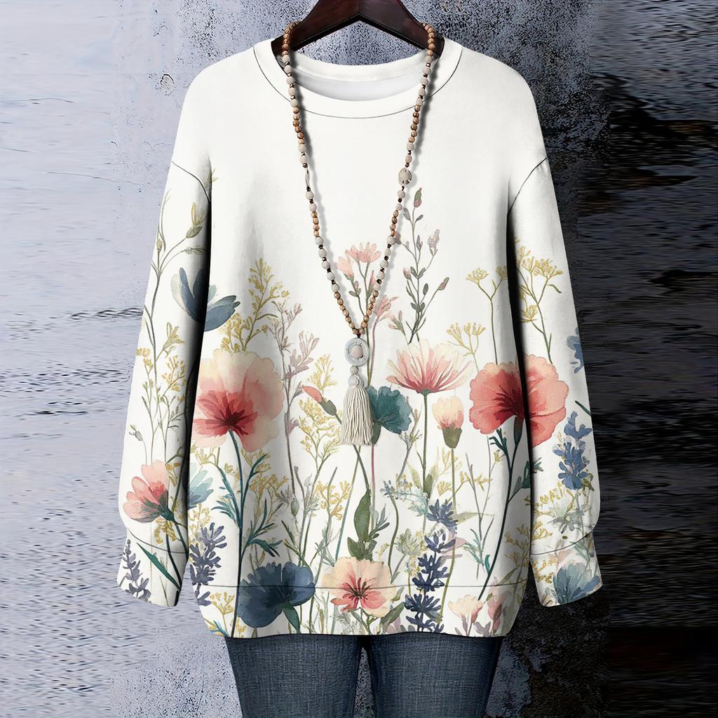 Women's Floral Print Round Neck Long Sleeved T-shirt Sweatshirt Top