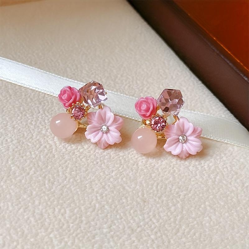 Delicate Flower Design Dangle Earrings - Shiny Zircon Inlaid, Elegant Cute Style, Exquisite Jewelry