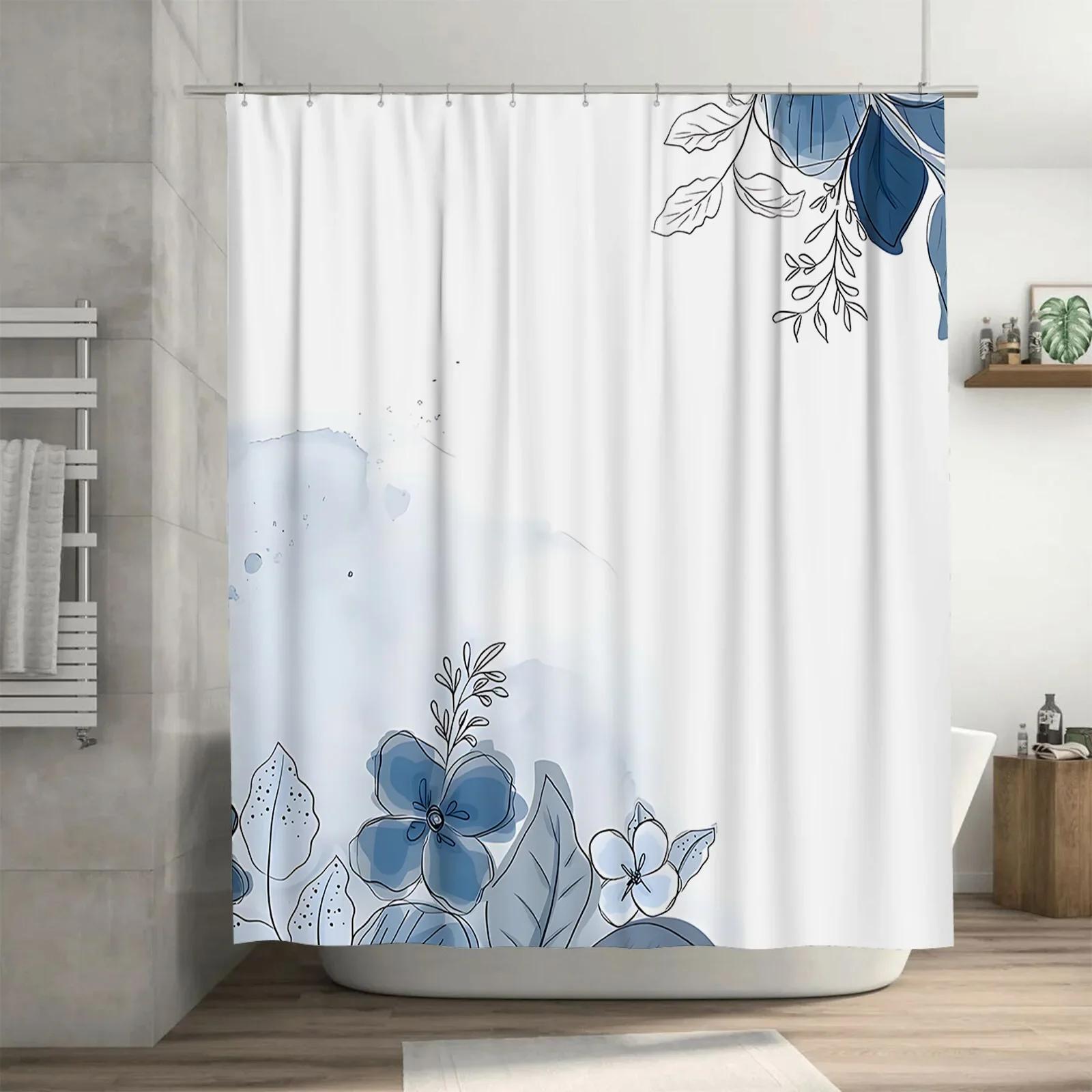 

Blue Floral Design Shower Curtain for Bathroom - Waterproof and Durable with Rust-Proof Hook Suitable for Wet and Dry Separation W90xH180cm