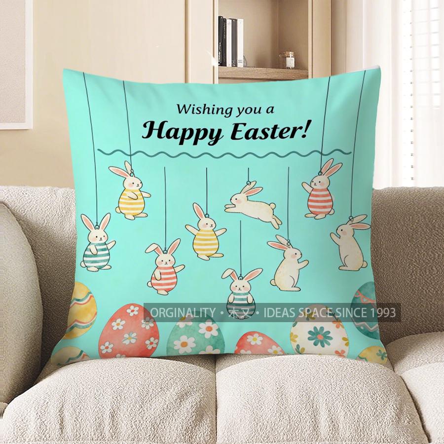 2D Happy Easter Bunny And Egg Decorative Pillow Pattern Cushion Cover Suitable For Sofa Bedroom Car Pillow Cover
