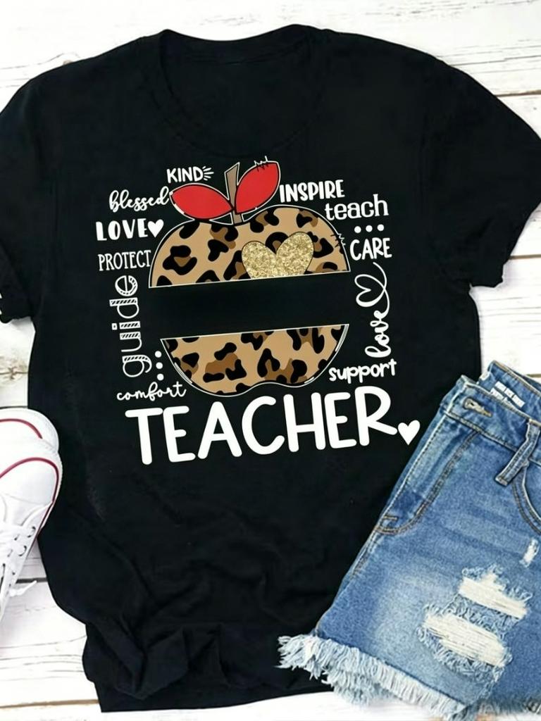 Teacher Tshirt Leopard Apple With Inspirational Words Graphic Short Sleeve Tops All Season Casual Wear Trendy Streetwear