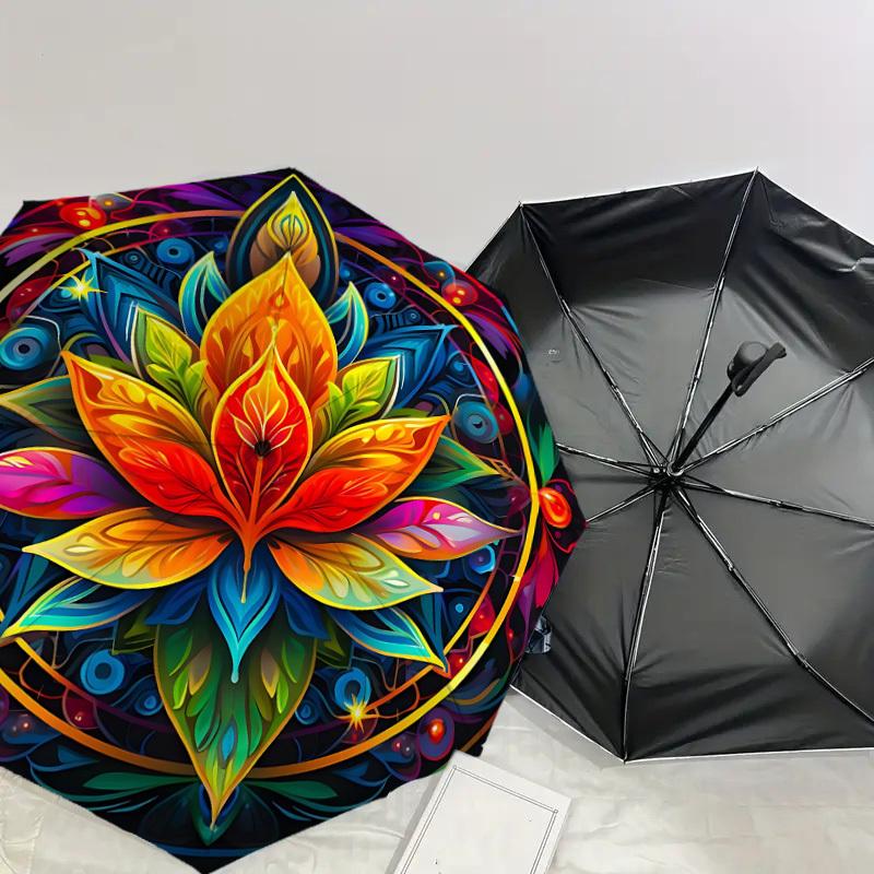 1PC Lotus Mandala Umbrella-8-Rib Reinforced, Automatic Open, Lightweight & Durable, Cute Fashion Accessory for Outdoor, Beach, or Casual Use, Beach Um