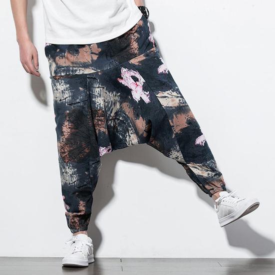 Harem Pants Large Crotch Ankle Tied Fashion Print Elastic Waist Loose Streetwear Plus Size Baggy Pants for Daily Wear