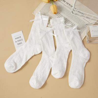 Bowknot Thin Lolita Mid-tube Socks for Women Spring Summer Side Ribbon Love Hollow Mesh Cream Color Pile Socks