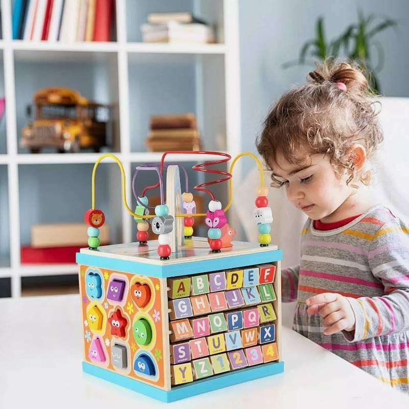 Large Wooden Multifunctional Educational Bead Box For Kids With Shape Sorting And Sensory Play Features