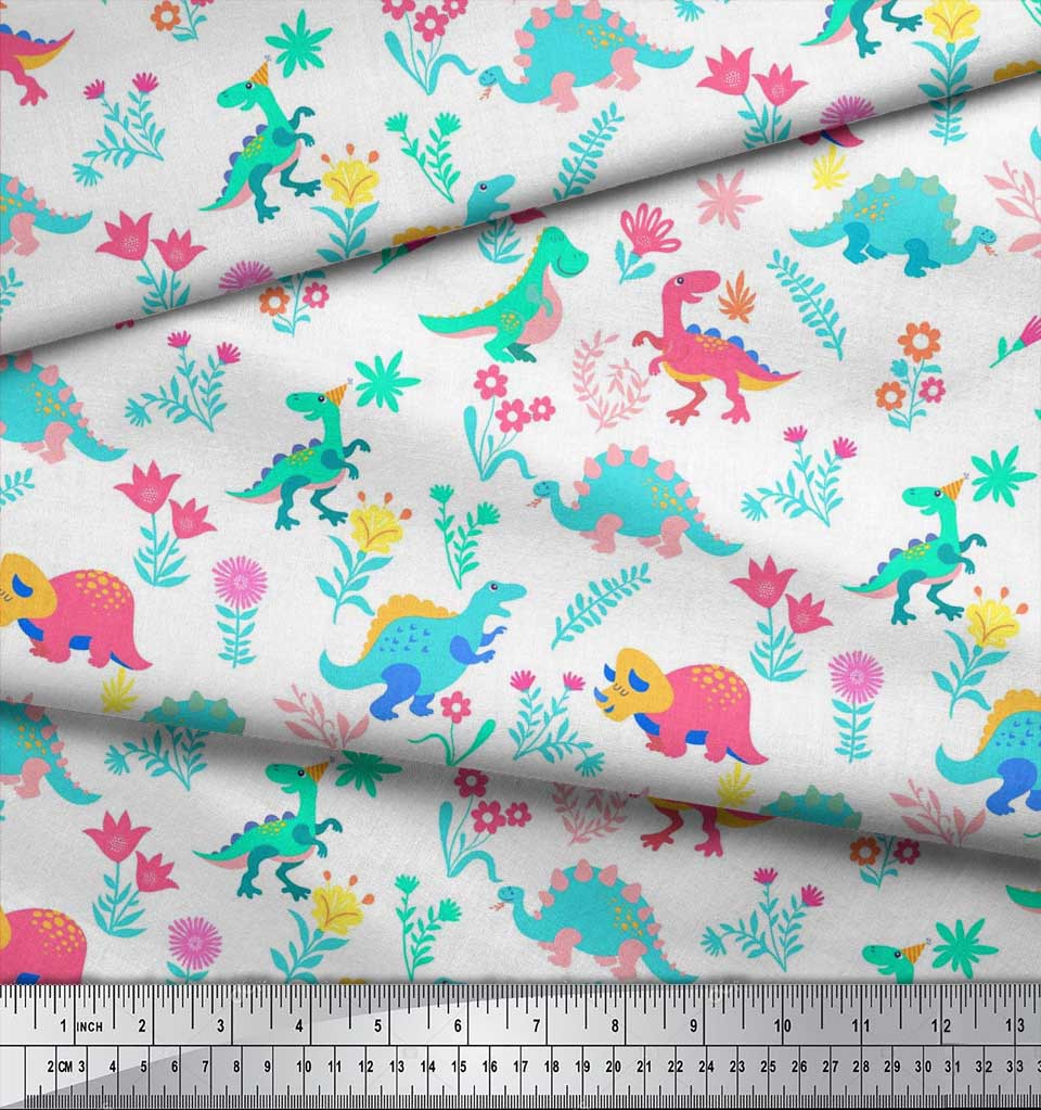 Soimoi Black Japan Crepe Satin Fabric Aster Flower & Dinosaur Kids Print Fabric by Metre 42 Inch