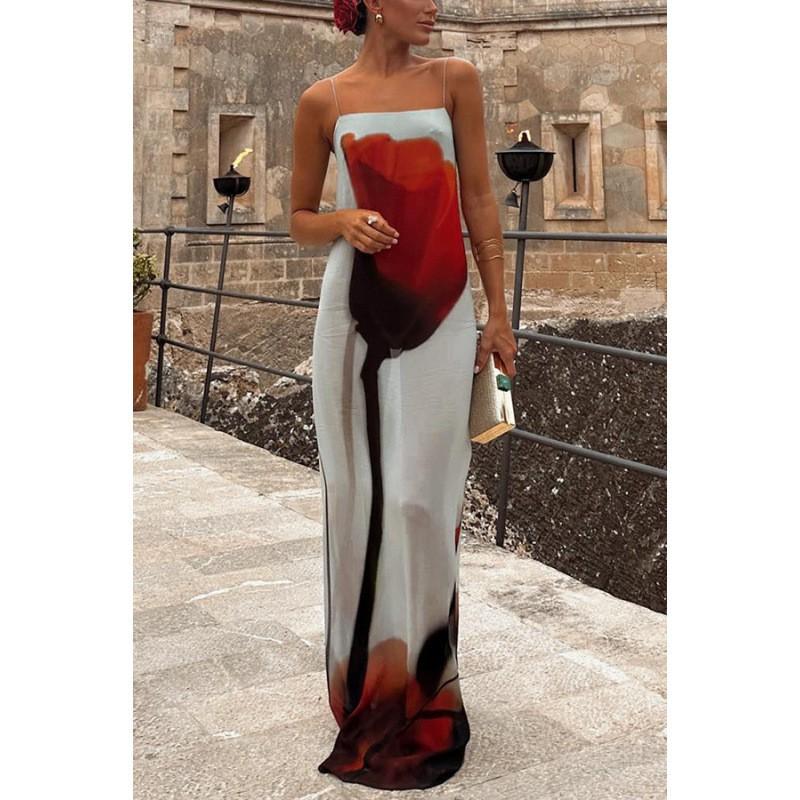 Womens Sleeveless High-Waist Chiffon Maxi Dress With 3D Print Floral Beach Vacation Long Large