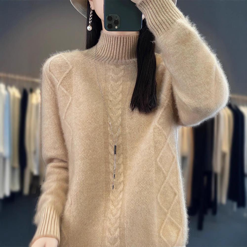 Women's Wool Cable Knit Sweater with High Collar - Thick, Cozy, and Loose Fit for Autumn/Winter