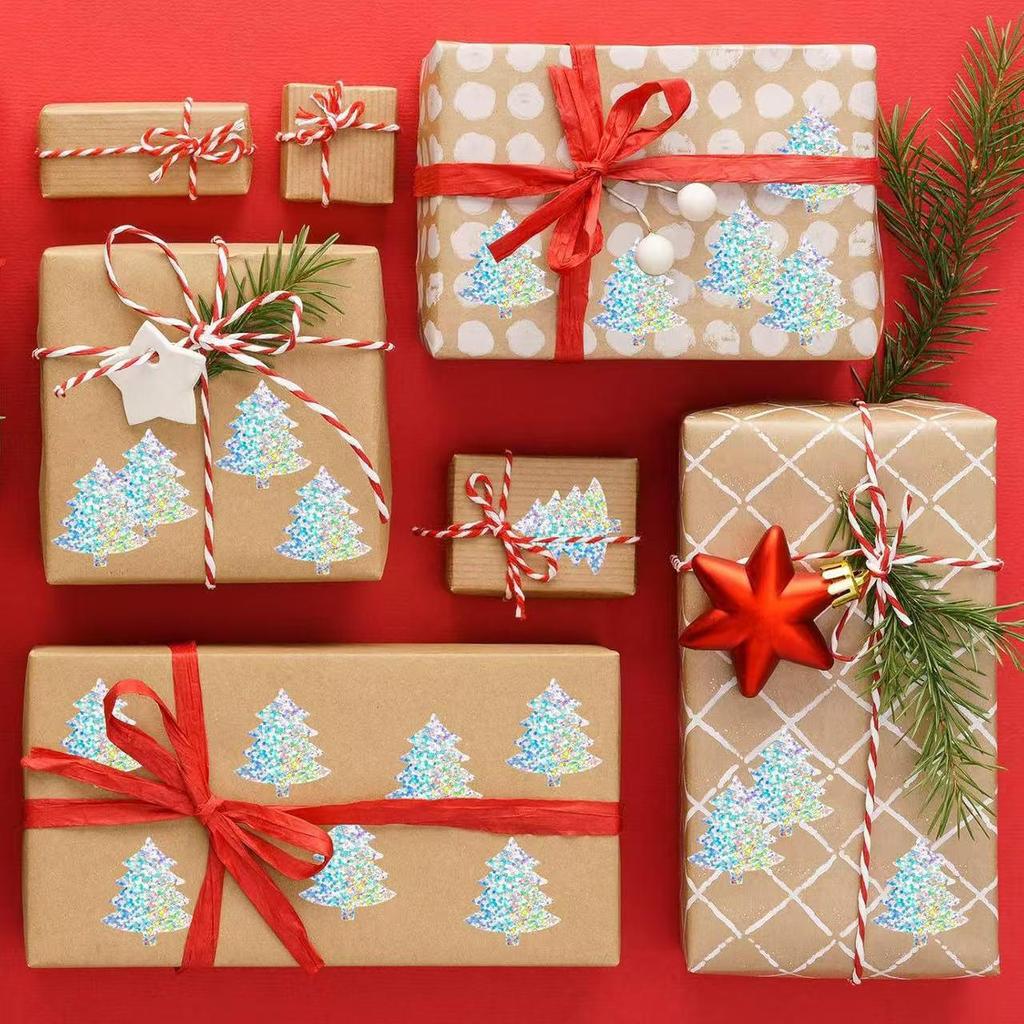 500pcs Laser Silver Christmas Tree Stickers - Waterproof Pine Tree Adhesive Seals for Decoration
