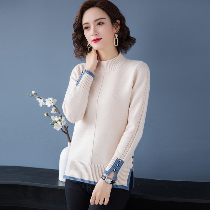 Half High Neck Sweater Split Hem Design Women's Knitted Pullover Casual Solid Color Sweater Harajuku Commuting Autumn and Winter
