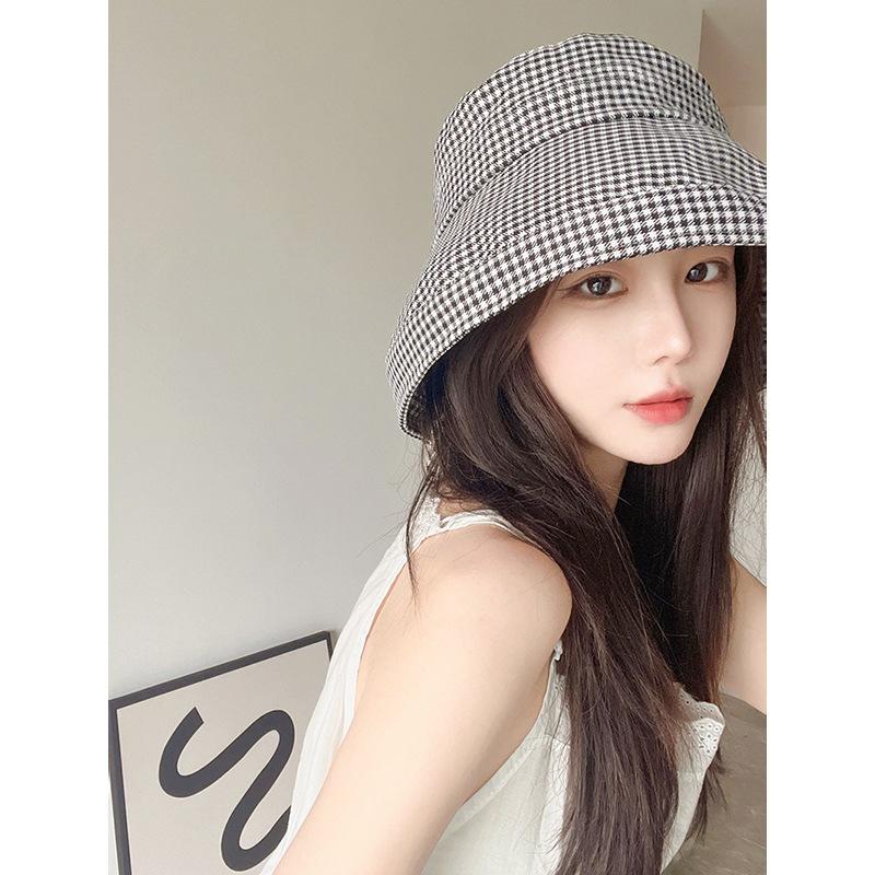 Fashionable Bucket Checkered Hat For Women Adjustable Size Uv Protection Cap Summer