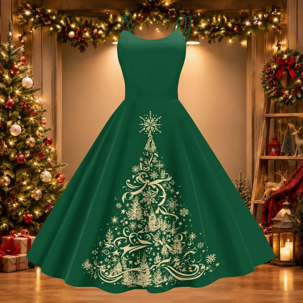 Sexy schulterfreies Retro-Kleid für Damen mit Weihnachtsdruck für Feiertagspartys