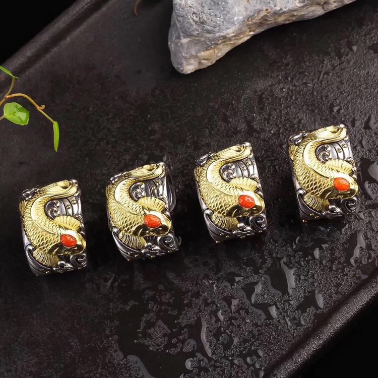 Men's Koi Adjustable S925 Silver Thumb Ring - Handmade Retro Ethnic Style Jewelry