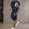 Men Plus Size Dark Blue Printed Round Neck Short Sleeve Top And Shorts Two Piece Set