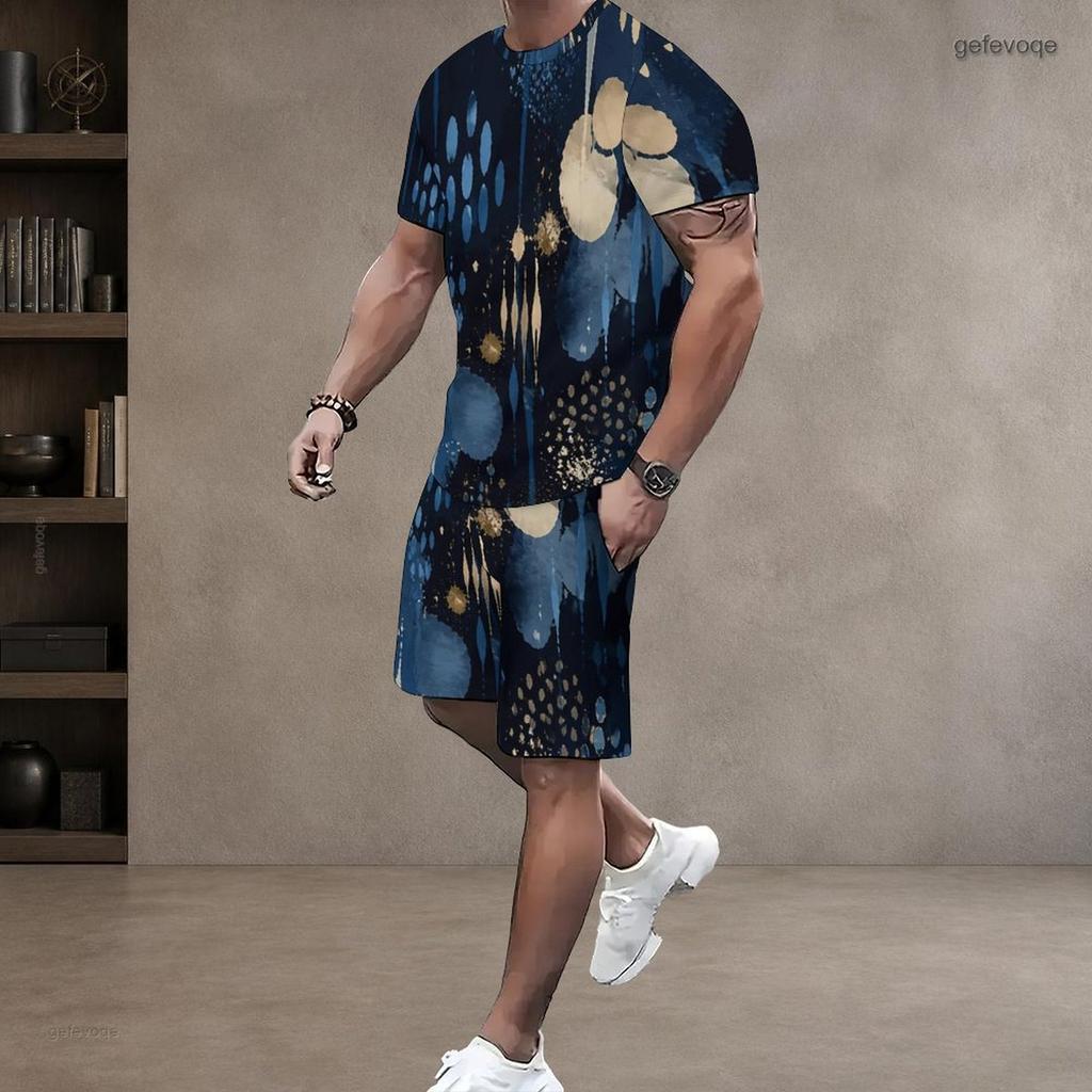 Men Plus Size Dark Blue Printed Round Neck Short Sleeve Top And Shorts Two Piece Set