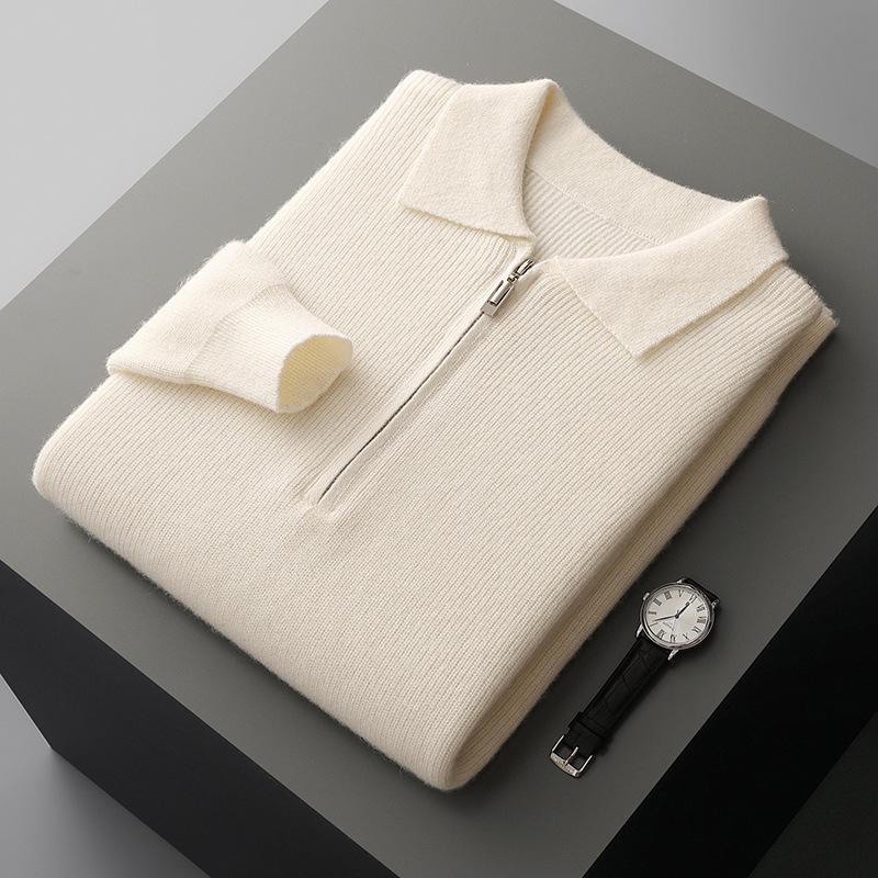 Men's Business Casual Pure Wool Half-Zip Polo Sweater - Autumn/Winter Loose Knit Pullover