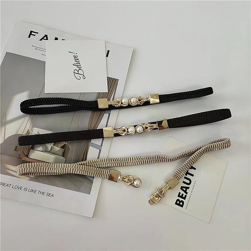 Elegant Double Pearls Buckle Elastic Women Belts Black Thin Waistband For Dress Skirt Lady Girl Decor Fashion Vintage Style