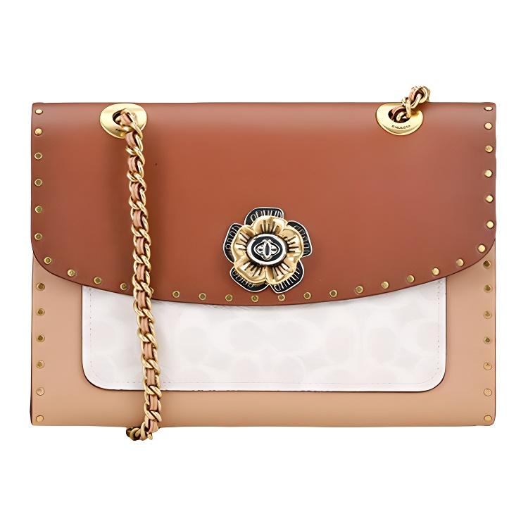 

Новые холщовые сумки кроссбоди COACH Parker среднего размера женские карамельного и белого цвета с монограммой 967-B4R7F 25.9*9.4*18.0CM