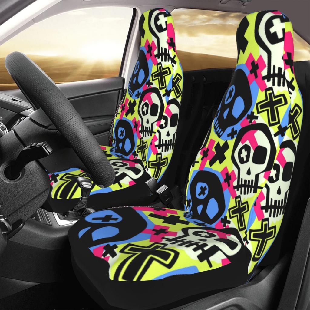 Skull Pattern Print Car Seat Covers Front Seats 2 Pieces Cars Interior Protection Universal Fit for Trucks Vans SUV Sedans