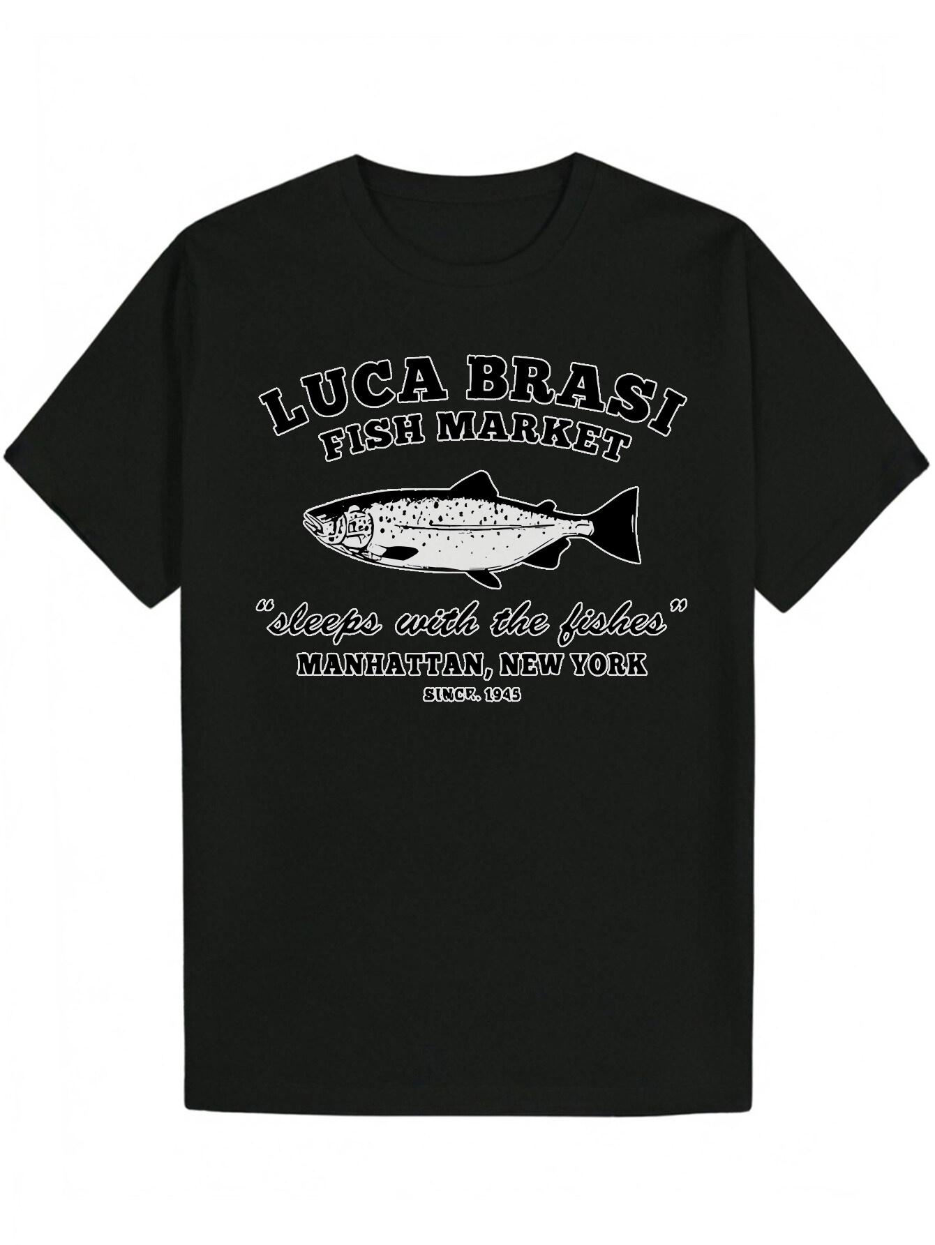 Casual Crew Neck Polyester T-shirt with  Luca Brasili Fish Market Sleeps with the Fishes  Graphic XXXXL
