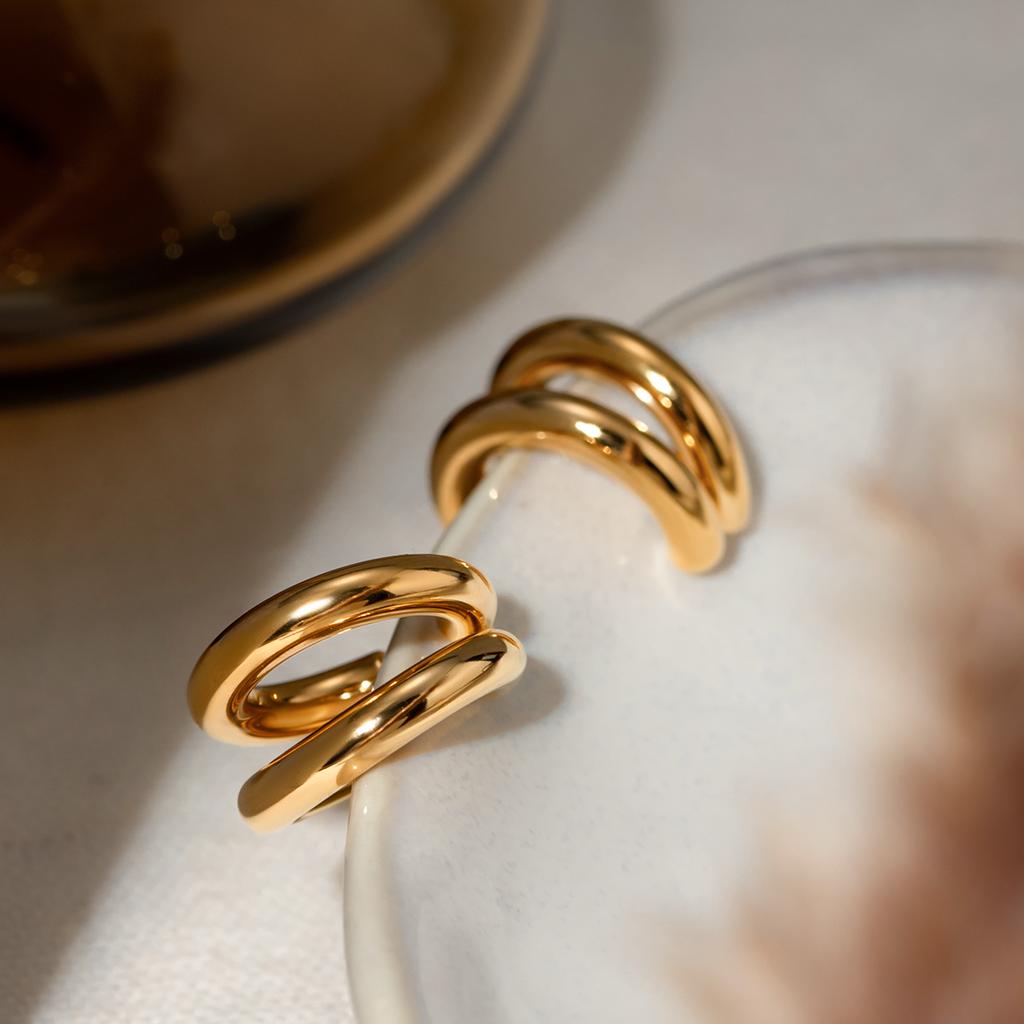 Yori Waterproof Stainless Steel Simple Double Layer Ear Clip for Women Gold Color Rust Proof Basic High Quality Jewelry