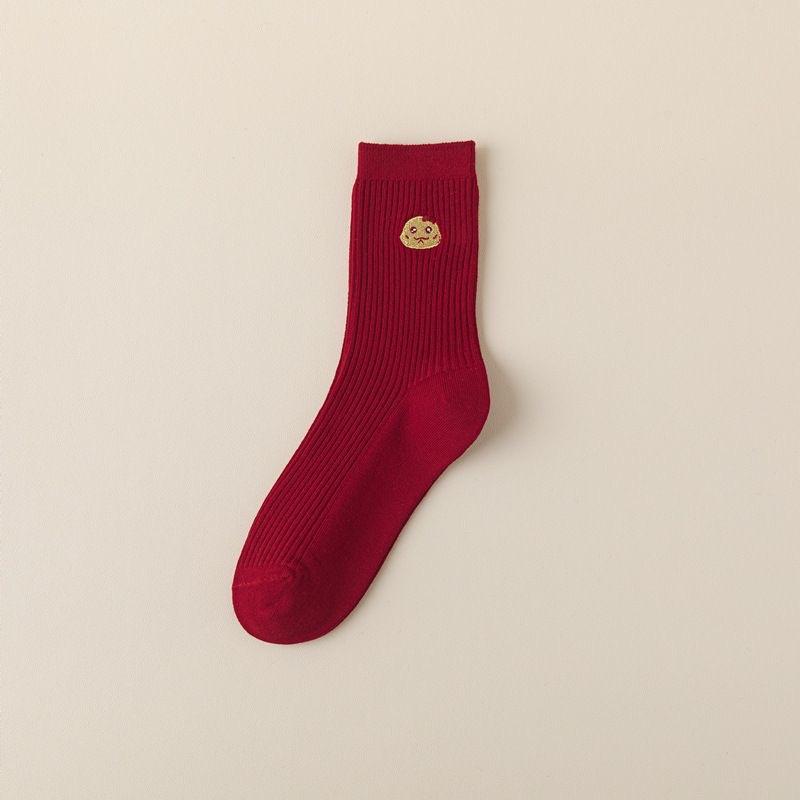 Embroidered Red Socks for Autumn and Winter, Bright Red New Year Warm Mid-calf Women's Socks, Winter Wedding Socks