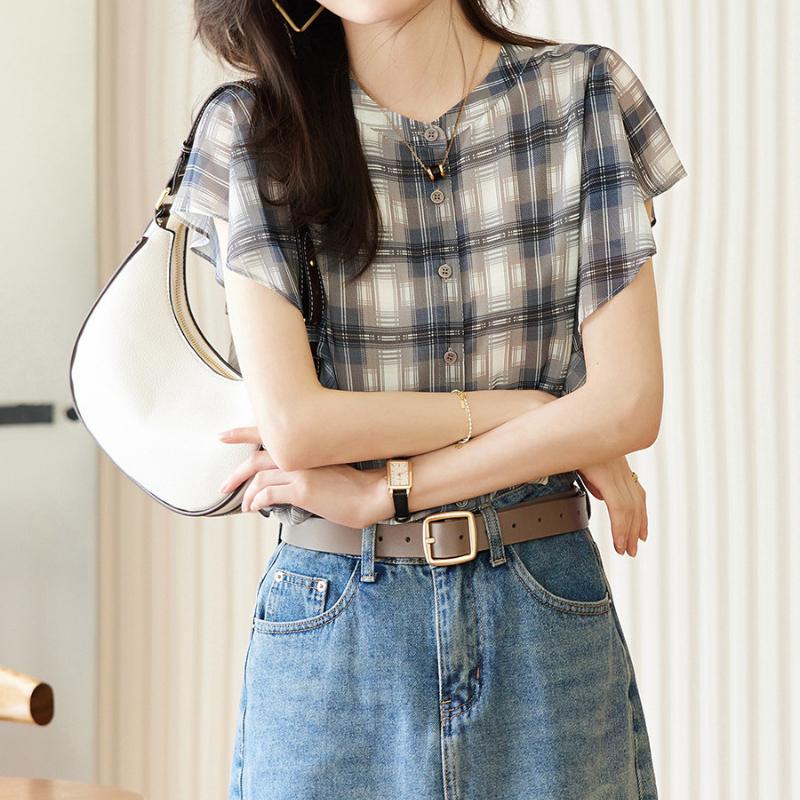 Damen Kurzarm Sommer Neues Modisches Hemd Koreanischer Stil Feminines Rüschen Chiffon Hemd Top